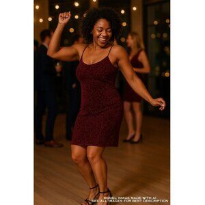 Vintage 90s Burnout Velvet Slip Dress M Mini Semi Sheer Burgundy Bodycon Baddie